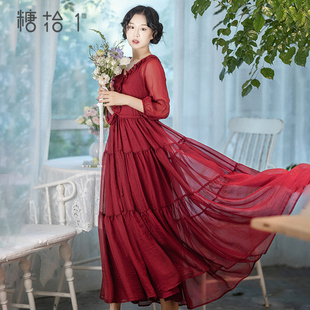 【念红颜】红色雪纺连衣裙女2024夏新款复古灯笼袖拼接大摆型长裙