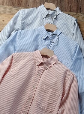 岛国订单 线下199起售 秋季新品男士牛津纺全棉长W袖条纹衬衣衬衫