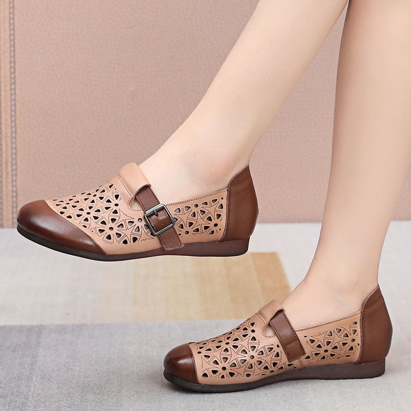 圆头春夏季真皮镂空妈妈鞋女软底休闲平底J单鞋洞洞鞋大码一脚蹬4