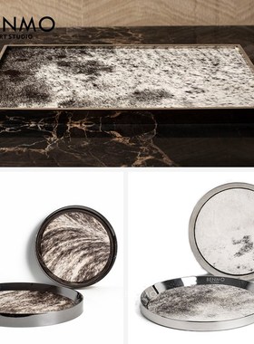 本墨 现代轻奢金属黑白马毛圆形托盘 样板间售楼处酒店衣帽间摆件