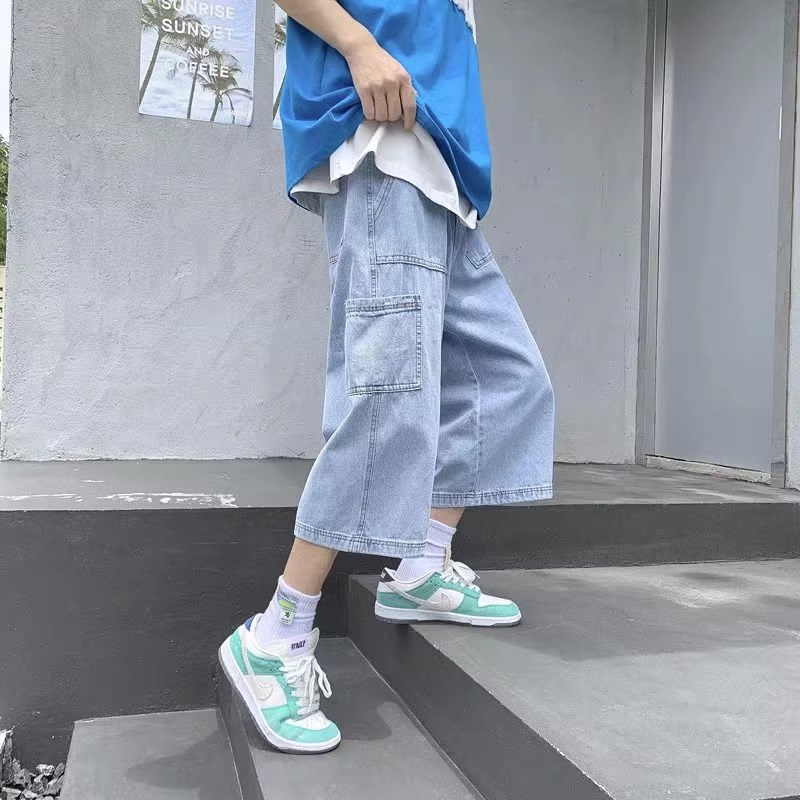 夏季复古水洗松紧腰牛仔短裤男士宽松直筒bf炸街S抽绳阔腿七分裤