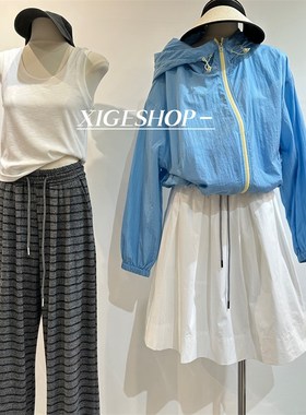 心水的冰蓝色0压凉感防晒外套女宽松休闲L撞色拉链抽绳冲锋衣春夏