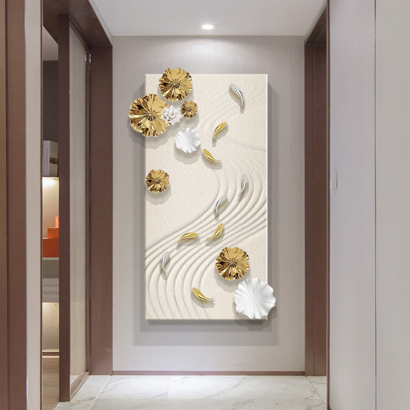 九鱼图入户玄关装饰画轻奢过道走廊3D立体浮雕实物壁画砂岩挂画
