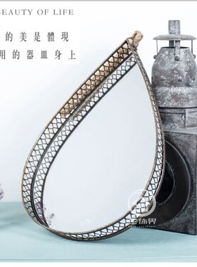 铁艺做旧水滴创意工业风玄关装饰镜欧式挂镜背景墙壁挂麻绳化妆镜