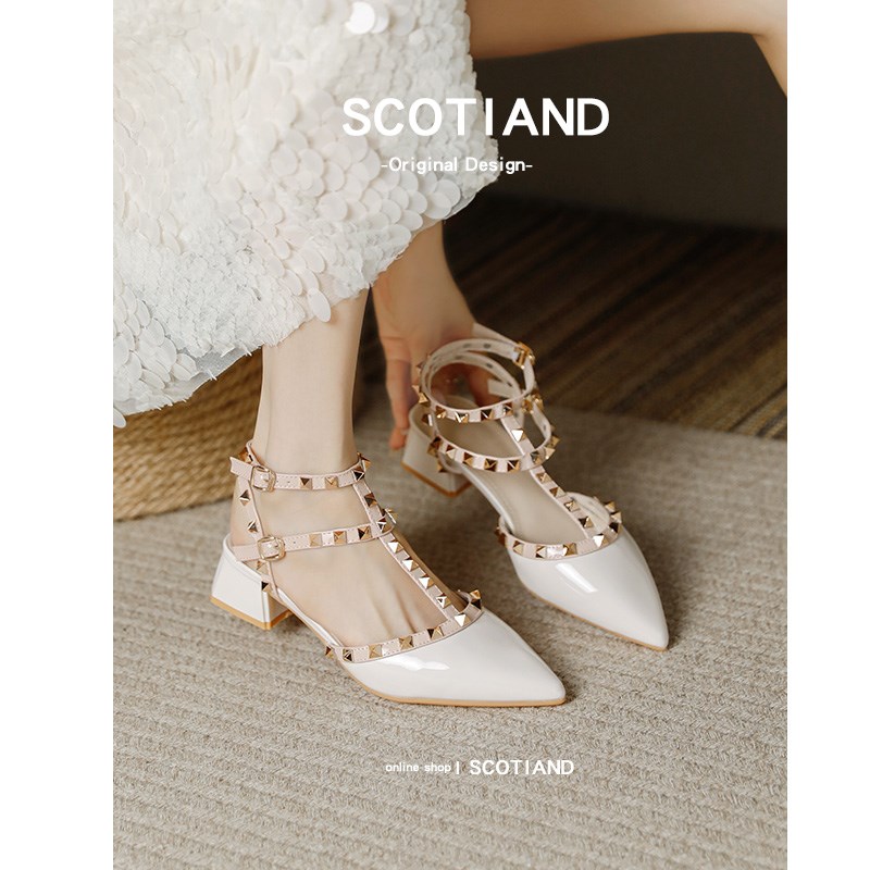 单鞋法式粗跟尖头铆钉包头凉鞋w2025夏季新款中跟气质配裙高跟鞋