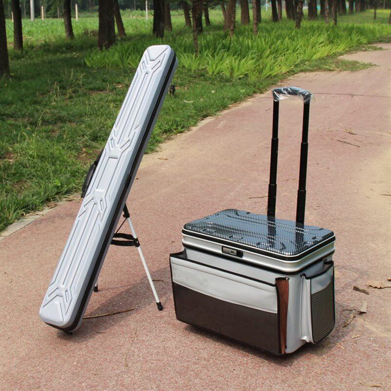 硬壳拉杆鱼箱拉杆钓鱼桶t大轮铝框带内胆活鱼箱带插杆竿包带支架