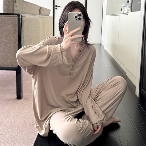 莫代尔棉女春秋花边睡衣套装