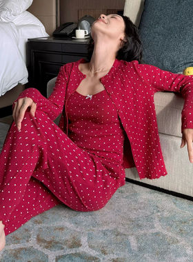 莫代尔棉睡衣女春秋季2026新款三件套带胸垫红色新春爱心家居服