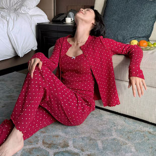 莫代尔棉睡衣女春秋季2026新款三件套带胸垫红色新春爱心家居服
