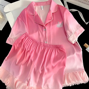 2025新款 轻奢冰雪丝高级感睡衣女夏款 甜美荷叶边家居服套装 短袖