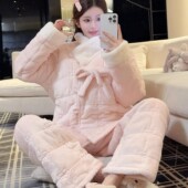2025新款 三层夹棉睡衣女冬季 珊瑚绒加厚保暖甜美系带可外穿家居服