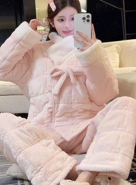 2025新款三层夹棉睡衣女冬季珊瑚绒加厚保暖甜美系带可外穿家居服