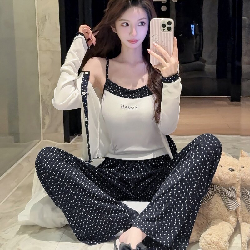 莫代尔棉女睡衣三件套带胸垫