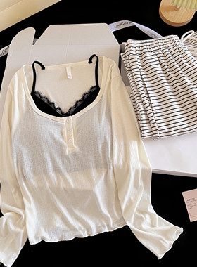 莫代尔睡衣女秋冬季2025新款甜美纯欲风带胸垫可外穿假两件家居服