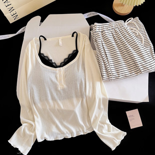 莫代尔睡衣女秋冬季2025新款甜美纯欲风带胸垫可外穿假两件家居服