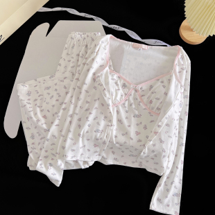 2025新款甜美针织印花睡衣女秋冬季带胸垫吊带三件套可外穿家居服