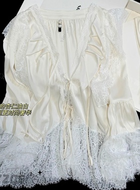 2025新款拼接蕾丝睡衣女春夏款法式宫廷风性感纯色家居服套装高级