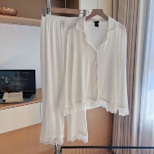 2025新款 领家居服套装 超柔软透气莫代尔睡衣女春秋季 蕾丝拼接衬衫