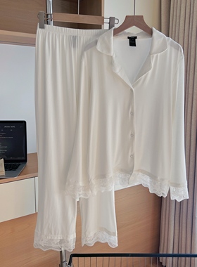 2025新款超柔软透气莫代尔睡衣女春秋季蕾丝拼接衬衫领家居服套装