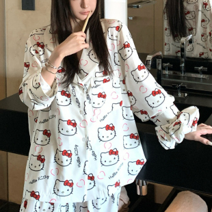 2025新款 冰丝睡衣女春秋夏款 团宠Kitty复古设计感高级感宽松套装