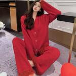 圣诞元旦新年款红色软绵绵半边绒睡衣女秋冬季保暖半边绒家居服