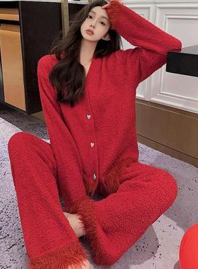 圣诞元旦新年款红色软绵绵半边绒睡衣女秋冬季保暖半边绒家居服