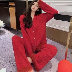 圣诞元旦新年款红色软绵绵半边绒睡衣女秋冬季保暖半边绒家居服
