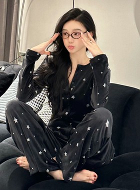 2025新款海岛绒睡衣女秋冬季V领星星印花长袖长裤可外穿家居服冬