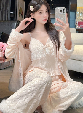 海岛绒睡衣女秋冬季2025新款三件套可外穿加厚保暖豹纹高级家居服