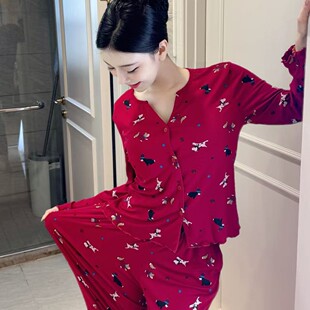 莫代尔睡衣女春秋季新款卡通红色圣诞V领系扣带胸垫可外穿家居服