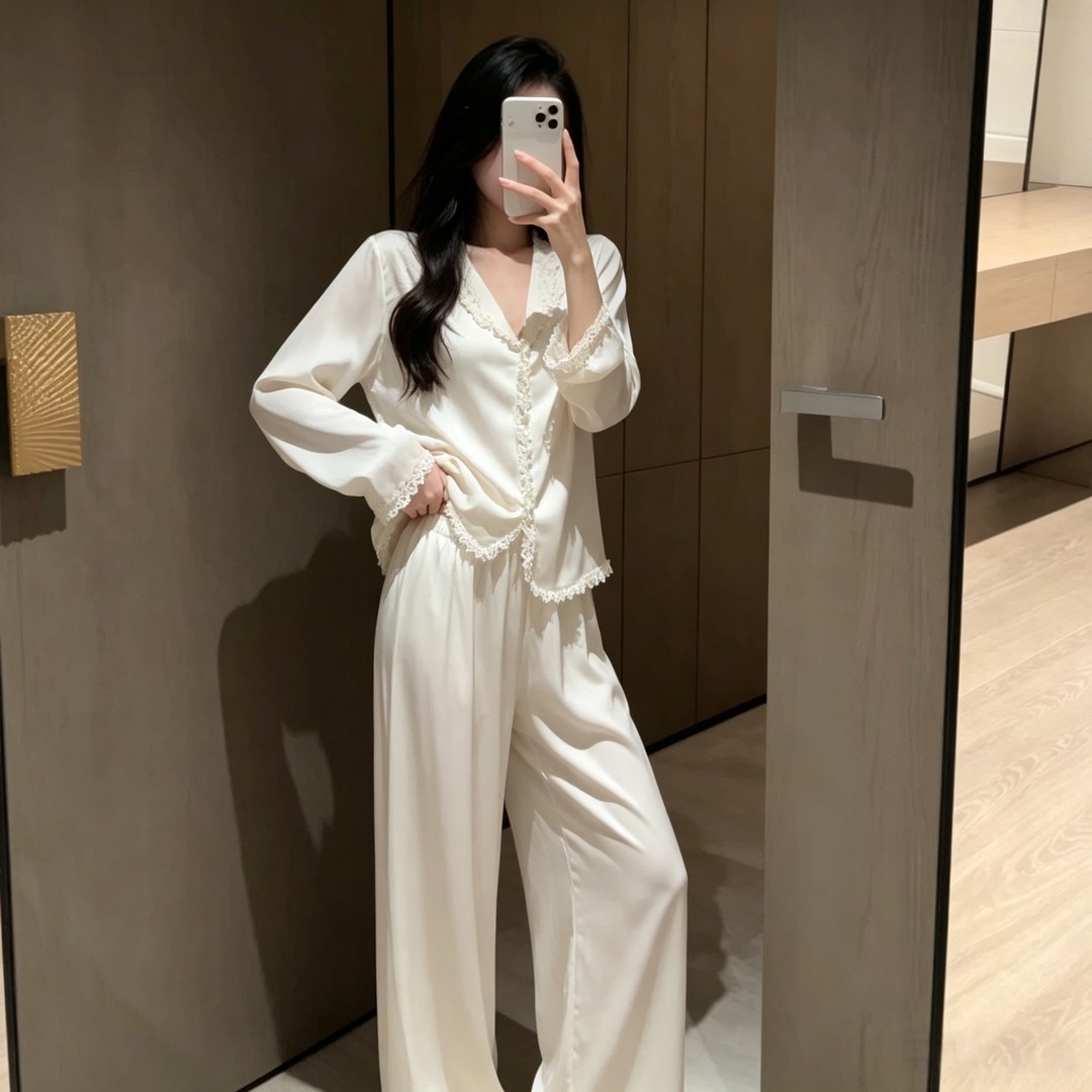冰丝缎面法式蕾丝女睡衣套装