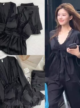 赵露思同款法式高级冰丝绸缎睡衣女春秋季2025新款带胸垫三件套