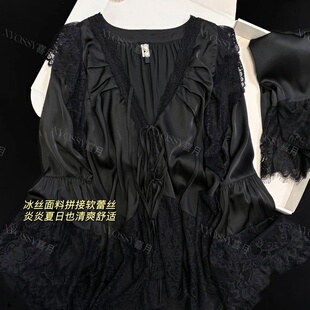 2025新款仙女风蕾丝拼接冰丝睡衣女春夏款V领设计感可外穿家居服