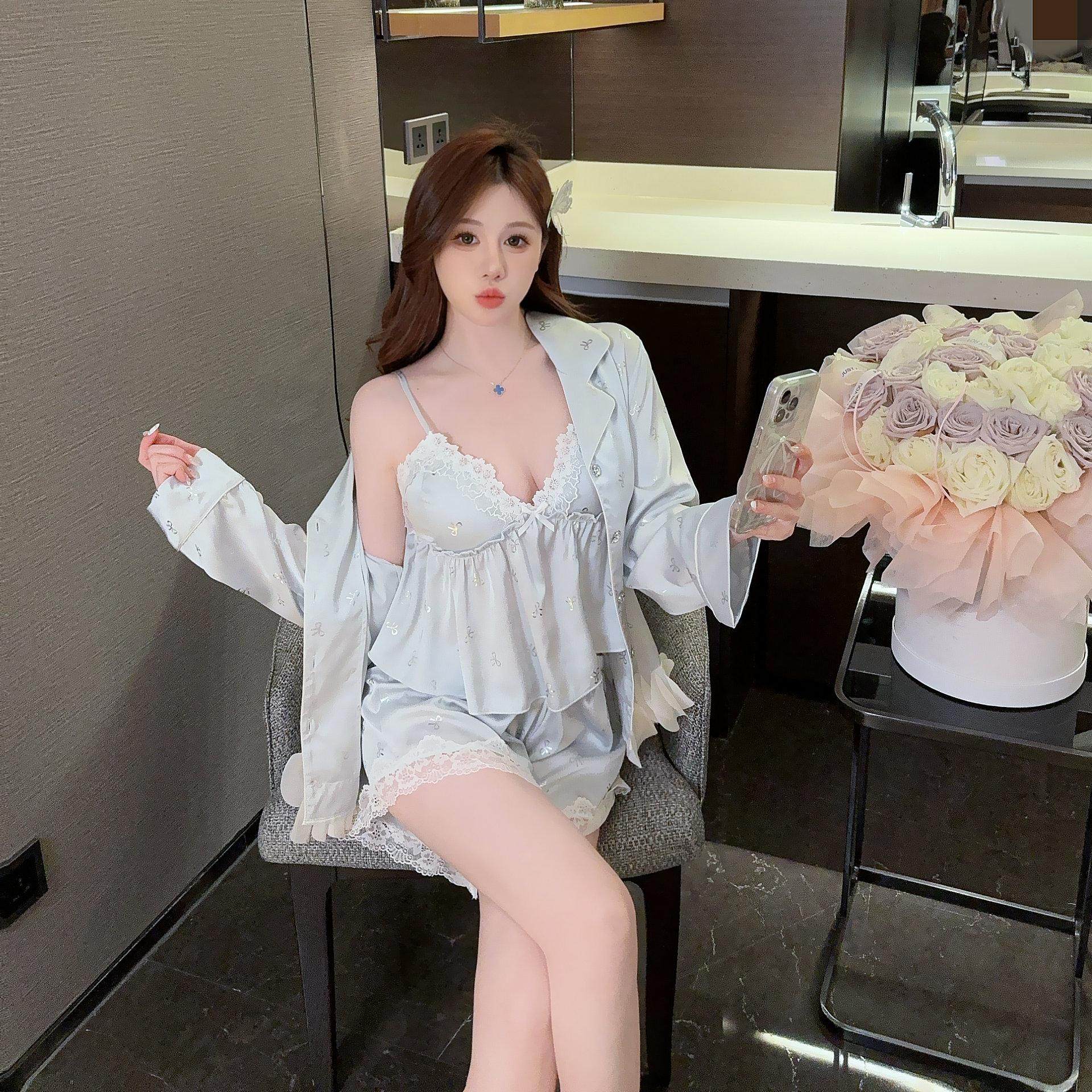 薄款四件套性感家居服套装冰丝
