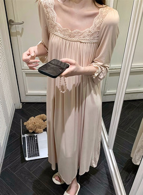 2026新款法式宫廷蕾丝莫代尔棉睡衣女春秋季高级感长款睡裙家居服
