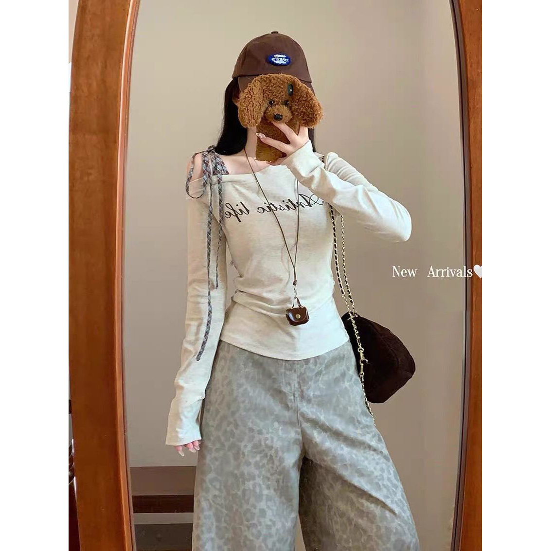 千禧风格子绑带斜肩长袖上衣女时尚百搭春秋内搭遮肉显瘦洋气打底,女装/女士精品,T恤,淘宝优惠券,粉丝福利购,淘宝优惠卷