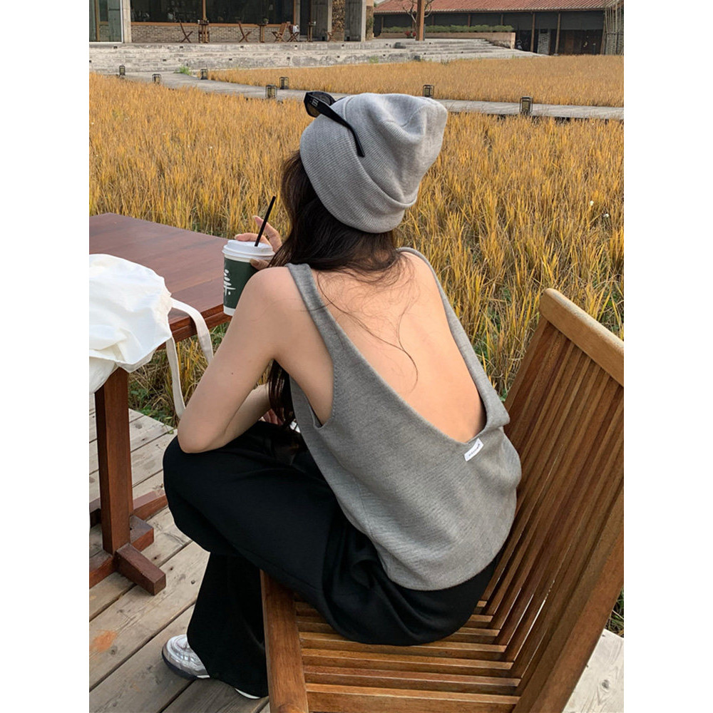 性感露背无袖针织小吊带女早春美背海边辣妹背心独特灰色修身上衣