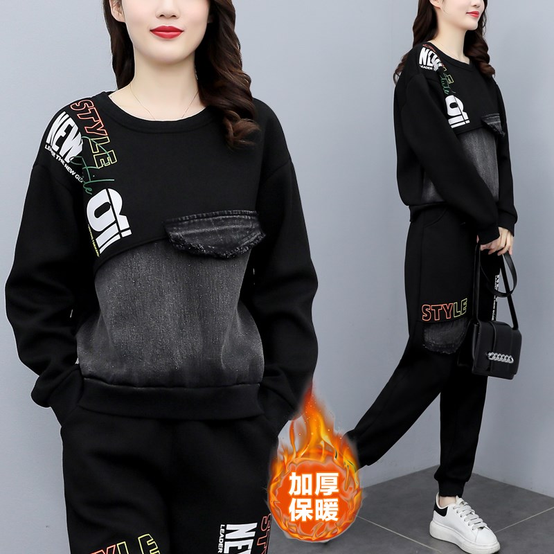 套装女秋冬加绒加k厚休闲运动卫衣长袖大码女装遮肚显瘦冬季两件