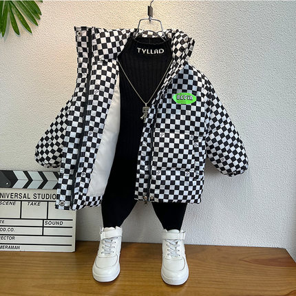 儿童轻薄羽绒服中长版2023新款大童洋派加厚格子女童男.童冬季棉
