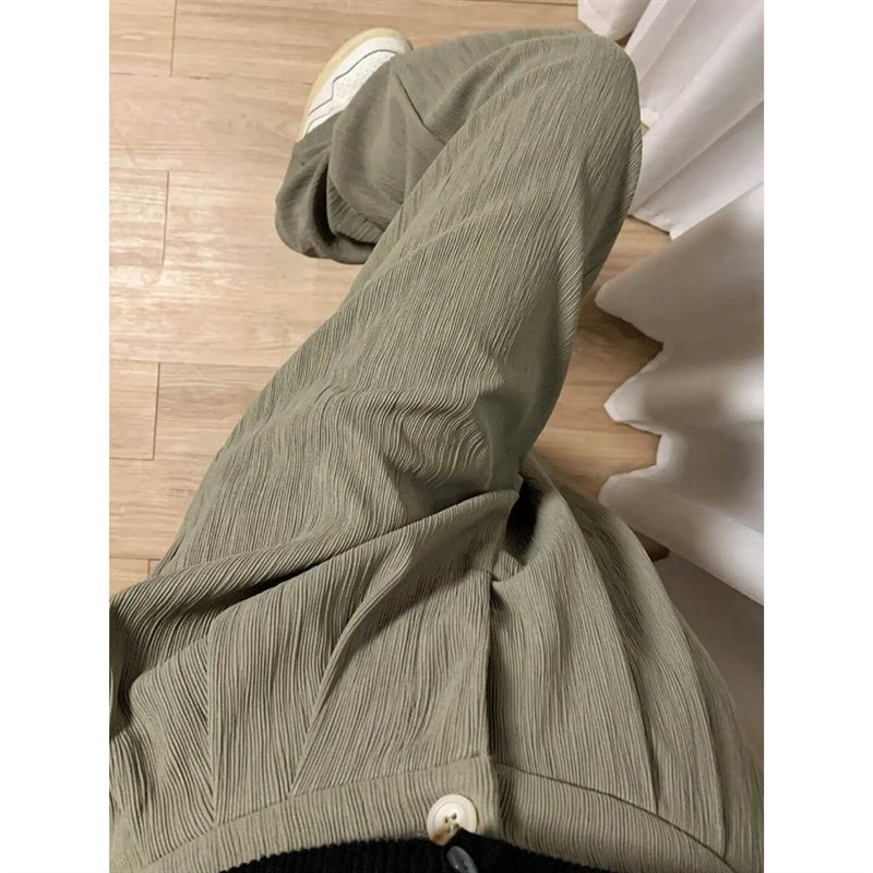 灰绿色褶皱休闲西装裤女款夏季大码胖妹妹直O筒窄板阔腿软糯风长