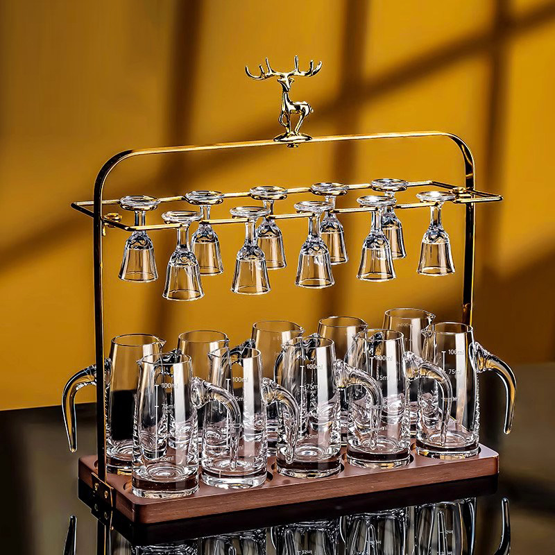 德国白酒杯套装轻奢高档二两一口烈酒杯家用水晶玻璃酒具收纳杯架