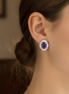 纯银S925紫色锆石耳钉项链套装秋冬新款钻面切割可调节锁骨链毛衣