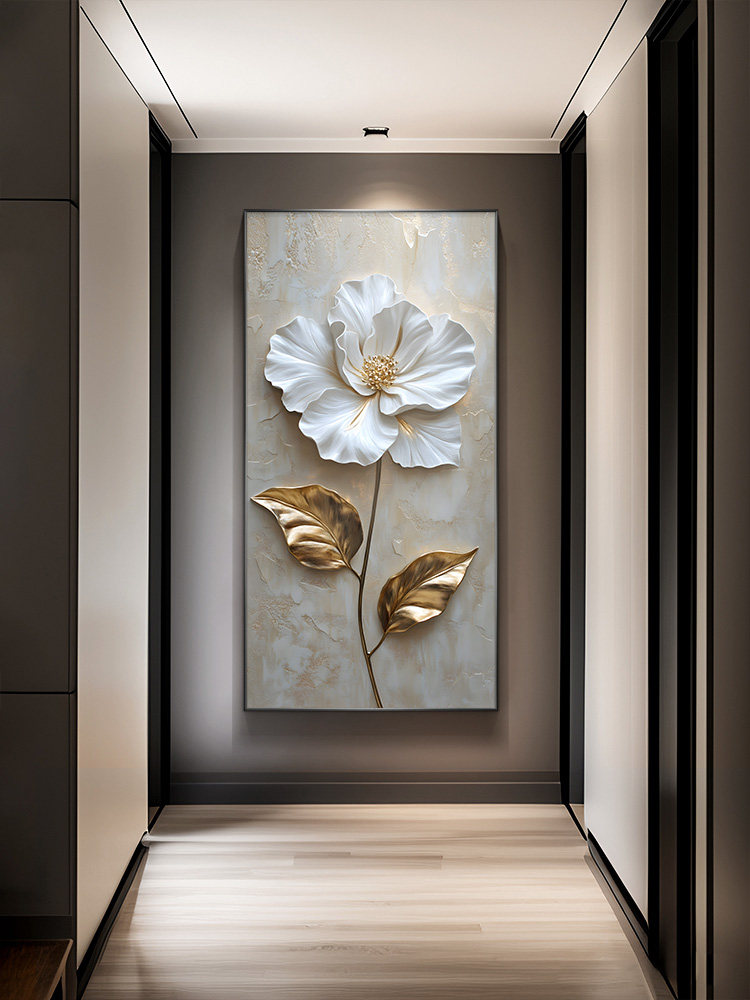 轻奢浮雕花卉玄关装饰画抽象立体感正对门挂画现代简约风过道壁画