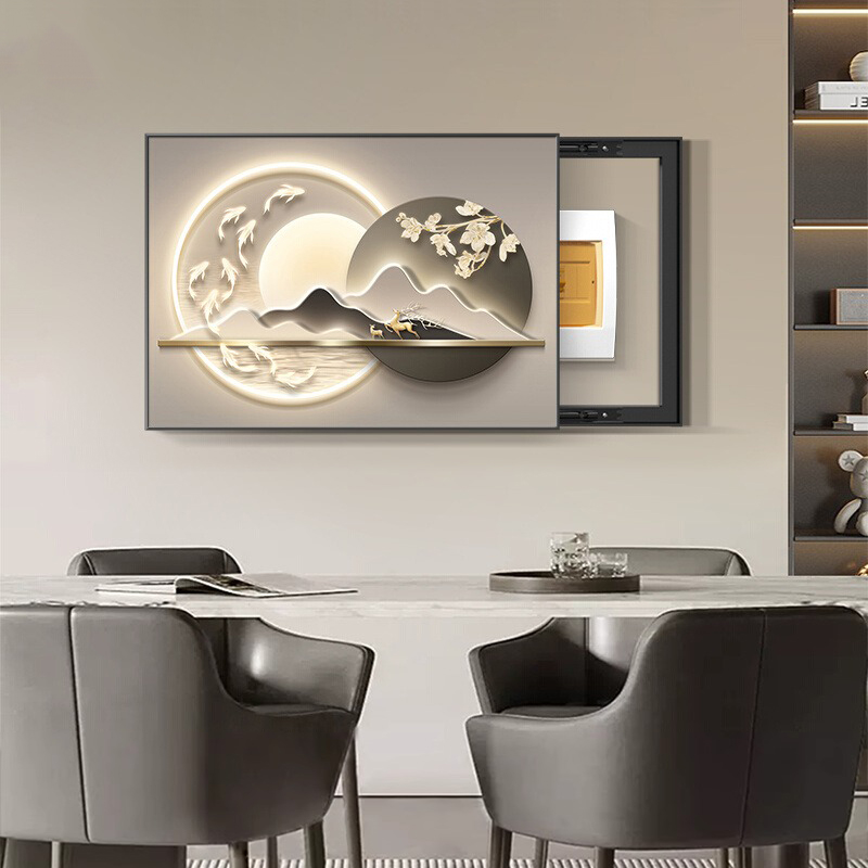 现代轻奢电表箱装饰画九鱼图山水餐厅配电箱挂画开关电闸遮挡壁画图片