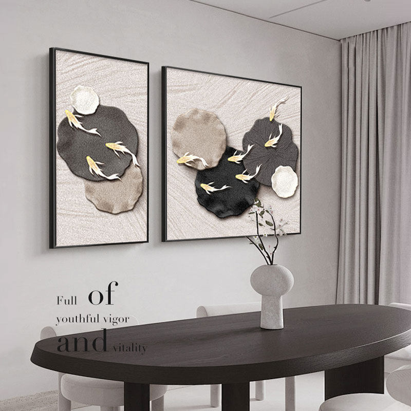 九鱼图餐厅装饰画轻奢高级感餐桌背景墙壁画现代简约饭厅客厅挂画