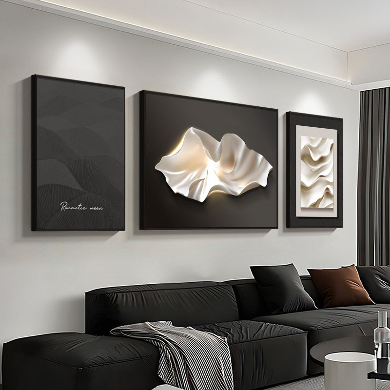 现代简约高级感客厅装饰画黑白抽象沙发背景墙挂画砂岩肌理感壁画
