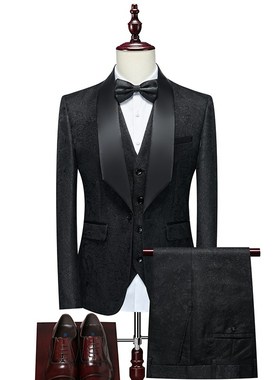 男士宴会晚礼服花西装套装主持人舞台表演出西服三件套修身大码男