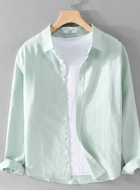 亚麻衬衫男长袖夏季薄款百搭休闲宽松大码上衣小清新男装棉麻衬衣