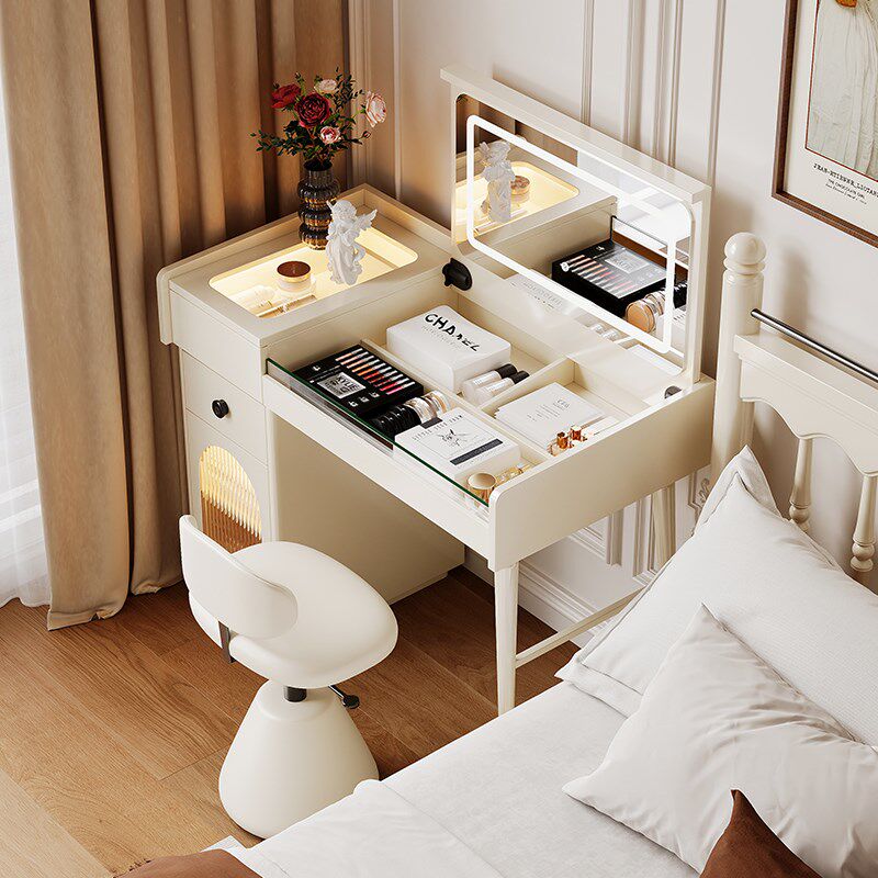 法式奶油风翻盖梳妆台收纳柜一体带锁实木二合一书桌化妆桌隐藏镜