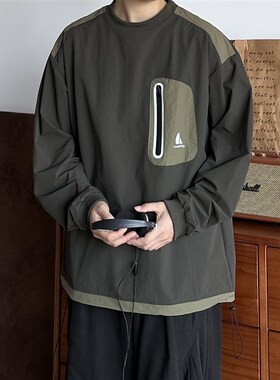 B东日系男装户外山系撞色拼接口袋速干长袖T恤帅气街头潮薄卫衣男